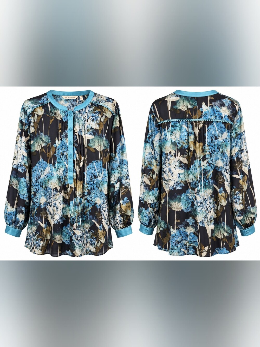 Soft Surroundings 1X 100% Silk Blue Floral Pintuck Tunic Blouse Lagenlook Artsy
